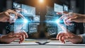 Hands collaborating remotely through holographic shared workspace, digital teamwork Royalty Free Stock Photo