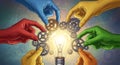 Title: Teamwork Hands Creating Lightbulb Innovation Creativity Concept Royalty Free Stock Photo