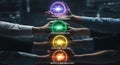 Hands reach out to hold the infinity stones each glowing with cosmic power Royalty Free Stock Photo