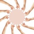 Multiple hands surround light nude pink circle. Arms gesture concept. Collage symbol sun made by hands