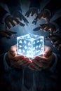 Multiple Hands Surrounding A Luminous Data Cube Symbolizing Obsession Control And Digital Dominance Royalty Free Stock Photo