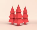 Multiple Hard Edge Pine Trees, monochrome red color 3d Icon tree on white background, solid flat colors,3d Rendering