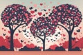 Multiple heart-shaped floral trees, birds flying around the trees together, love scene, romantic athmosphere