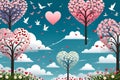 Multiple heart-shaped floral trees, with cloudy environment, birds flying arounds, flowers, love art, background design, romantic Royalty Free Stock Photo
