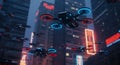 Multiple high-tech drones navigating through a neon cyberpunk city.