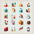 Multiple icons for business commerce sales graph volume icons on a light grey background