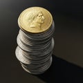Are multiple identical silver-look coins with unreadable inscriptio Royalty Free Stock Photo