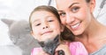 Multiple image of cute black kitten and portrait of caucasian mother and daughter holding kitten