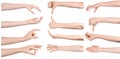 Multiple images set female caucasian hands isolated white background showing different gestures. Collage of hands of a girl with Royalty Free Stock Photo