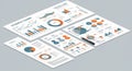 Multiple infographic sheets display various data visualizations, including bar graphs, Royalty Free Stock Photo