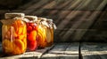 Multiple jars filled with various types of fruit, showcasing an assortment of canned fruits and vegetables lined up in a row Royalty Free Stock Photo