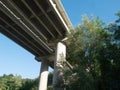 Multiple Lane Highway  bridge with reinforced concrete columns. Bottom view Royalty Free Stock Photo