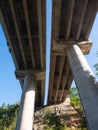 Multiple Lane Highway  bridge with reinforced concrete columns. Bottom view Royalty Free Stock Photo