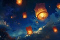 Multiple lanterns glowing as they float in the night sky, Lanterns glowing against the night sky Royalty Free Stock Photo