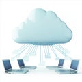 Multiple laptops connect to large cloud. Data transfer, storage represented. Modern tech solution for efficient data management.