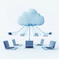 Multiple laptops connect to light blue cloud. Data storage, accessibility represented by tech graphic. Cloud computing concept