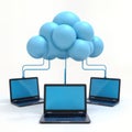 Multiple laptops connected to light blue cloud graphic representing cloud computing. Data storage, accessibility depicted. Royalty Free Stock Photo