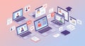 Multiple laptops display virtual meetings with illustrated faces and profile