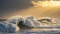 Multiple large ocean waves breaking with white foam under golden sunlit clouds water Royalty Free Stock Photo