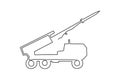 Multiple launch rocket system HIMARS,one line art.Military combat vehicle firing rockets and shells,continuous contour.War