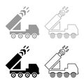 Multiple launch volley reactive rocket system fire shoots missiles set icon grey black color vector illustration image solid fill