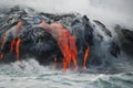 Multiple Lava Flows, Ocean, Steam, Close Up