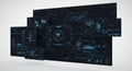 Multiple layered screens display various digital interfaces featuring graphs, charts, Royalty Free Stock Photo