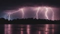 multiple lightning bolts striking over a body of water, creating a dramatic and awe-inspiring scene of nature s fury.