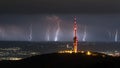 Multiple lightning strikes down near the city Royalty Free Stock Photo