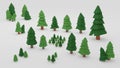 Multiple low poly pine trees are placed on white background. 3D render