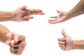 Multiple Male Hand Gestures isolated over white background.Hand with pointing finger, thumbs up