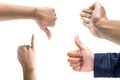 Multiple Male Hand Gestures isolated over white background, thumbs up ,Promise hand sign and shake hands