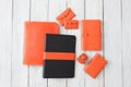 Multiple Matching Orange Leather Notebooks, Journals and Wallets Royalty Free Stock Photo