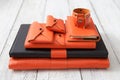 Multiple Matching Orange Leather Notebooks, Journals and Wallets Royalty Free Stock Photo