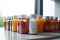 Multiple medicine bottles full of different pills. AI generated