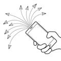 Multiple message sending concept. Illustration of hand with smart phone and message symbols.