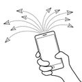 Multiple message sending concept. Illustration of hand with smart phone and message symbols.