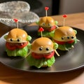 Multiple mini-burgers on a wooden board