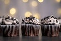 Multiple mini cupcakes with lights background