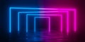 Multiple modern futuristic abstract blue, red and pink neon glowing light rectangle gates or frames rotated in dark room