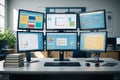 Multiple computer monitors displaying charts and data, suggesting data analysis and office workstation Royalty Free Stock Photo
