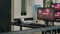 Multiple monitors displaying computer malfunction and security breach Royalty Free Stock Photo
