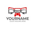 Multiple monitors and joystick with waves, logo template. Game interface and gaming device, vector design