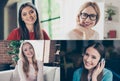 Multiple montage photo of group of person human lady of different age having live conversation in private channel using