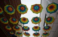 Beautiful colorful umbrellas hanging on the wire