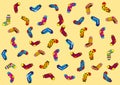 Multiple multicolored socks pattern on yellow background