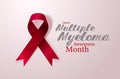 Multiple Myeloma Awareness Calligraphy Poster Design. Realistic Burgundy Ribbon. March is Cancer Awareness Month. Vector