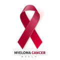 Multiple Myeloma Awareness Month. Realistic Burgundy ribbon symbol. Medical Design. Vector illustration Royalty Free Stock Photo