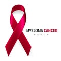 Multiple Myeloma Awareness Month. Realistic Burgundy ribbon symbol. Medical Design. Vector illustration Royalty Free Stock Photo