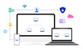 Multiple networking device concept background with floating shapes and inter connected devices. Lock, futurisitic, user, data, Royalty Free Stock Photo